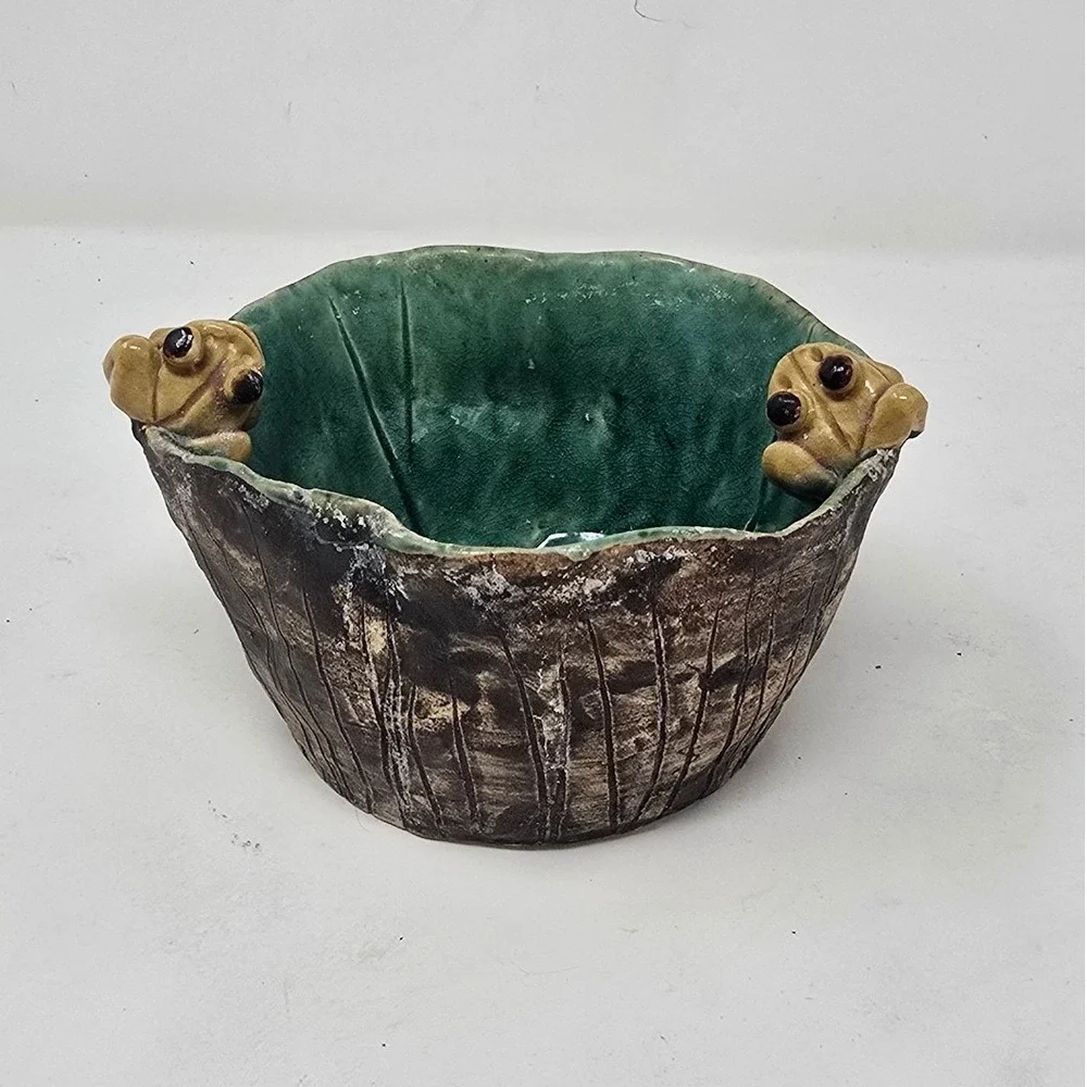 Vtg Majolica‎ style frogs planter ceramic pottery pot green brown